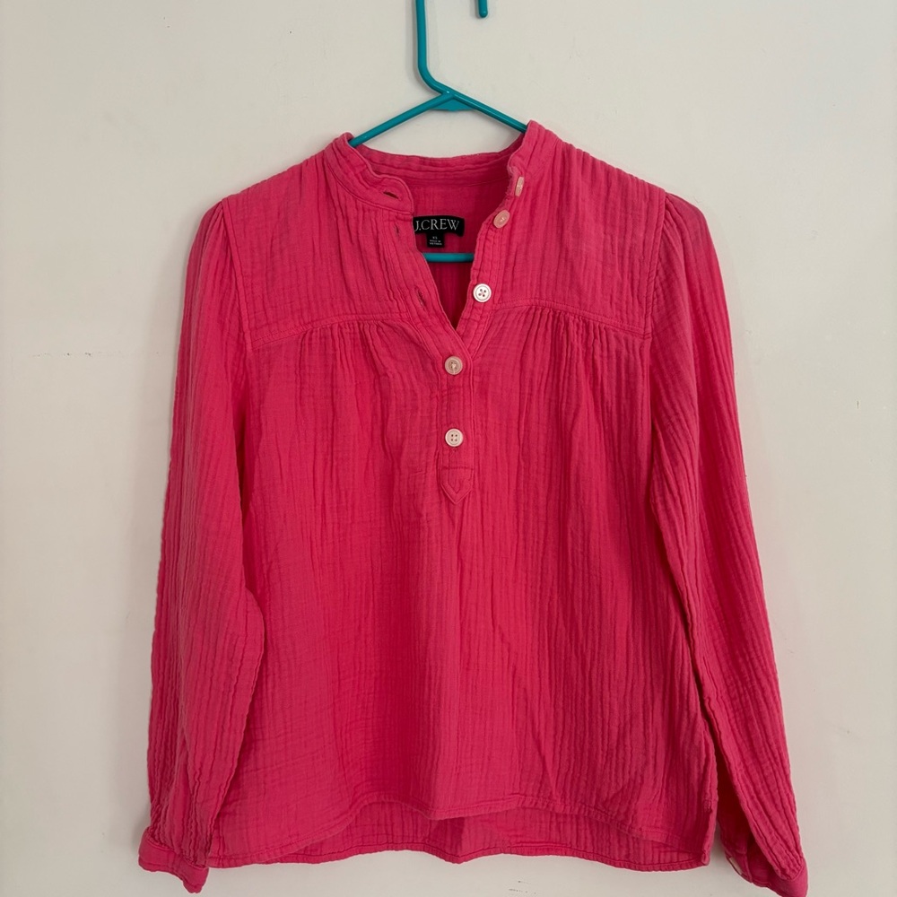 J. Crew Hot Pink Crinkle Gauze Button Henley Blouse